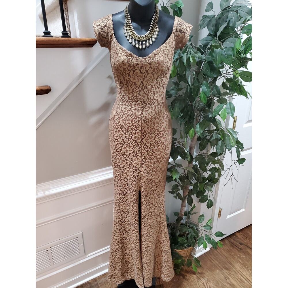Goodtime USA Brown Polyester Sweetheart Neck Short Sleeve Formal Maxi Dress S